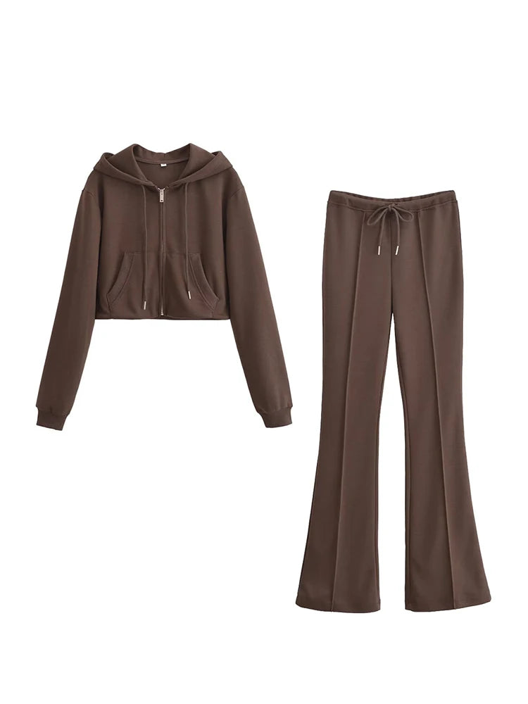 Women's Hooded Zip Up Cropped Jacket and Drawstring Flared Pants Set Cozy and Stylish for Daily and Sporty Looks