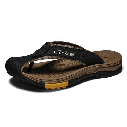 Ósvikinn kú leðurskór karlar sandalar flip flops karlkyns