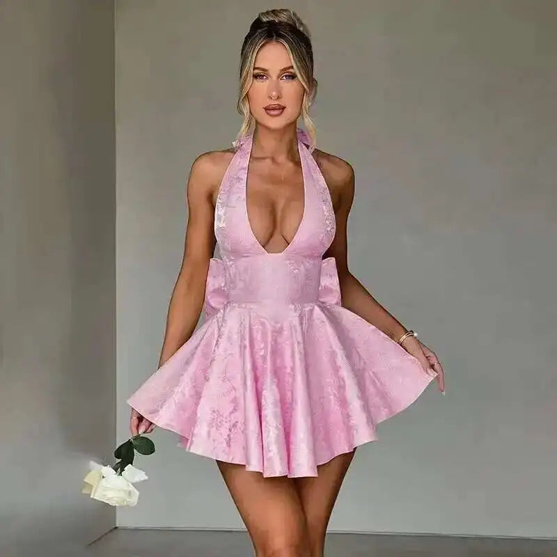 Townlike Jacquard Waist Wrap A-line Dress Women Mini 2024 Spring Summer Dress Elegant Bow Backless Sexy Party Dresses