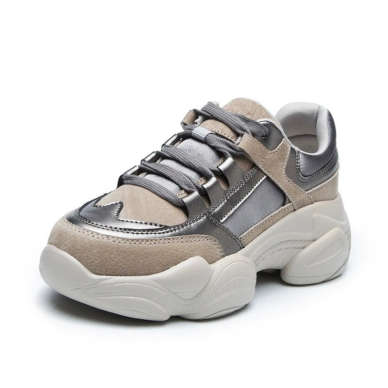 WOIZGIC Women's Female Ladies Genuine Leather Shoes Platform Lace Up Korean Sports Spring Autumn Breathable Vulcanized Shoes