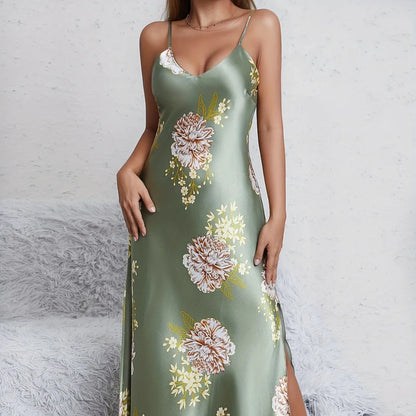 Women Long Nightgown Chemise Sleepwear Print Flower Suspender Nightdress Intimate Lingerie Summer Silk Satin Homewear Loungewear