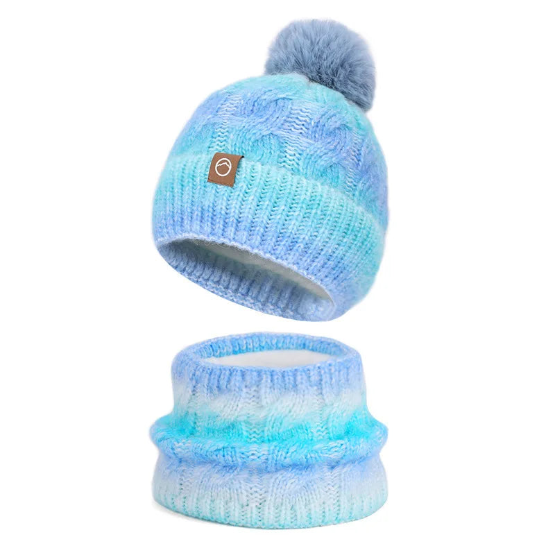 2pc/Set Winter Warm Ear Protecting Knitted Cap Scarf Fleece Thickened Gradient Color Knitted Woolen Cap Pom Ball Pullover Cap