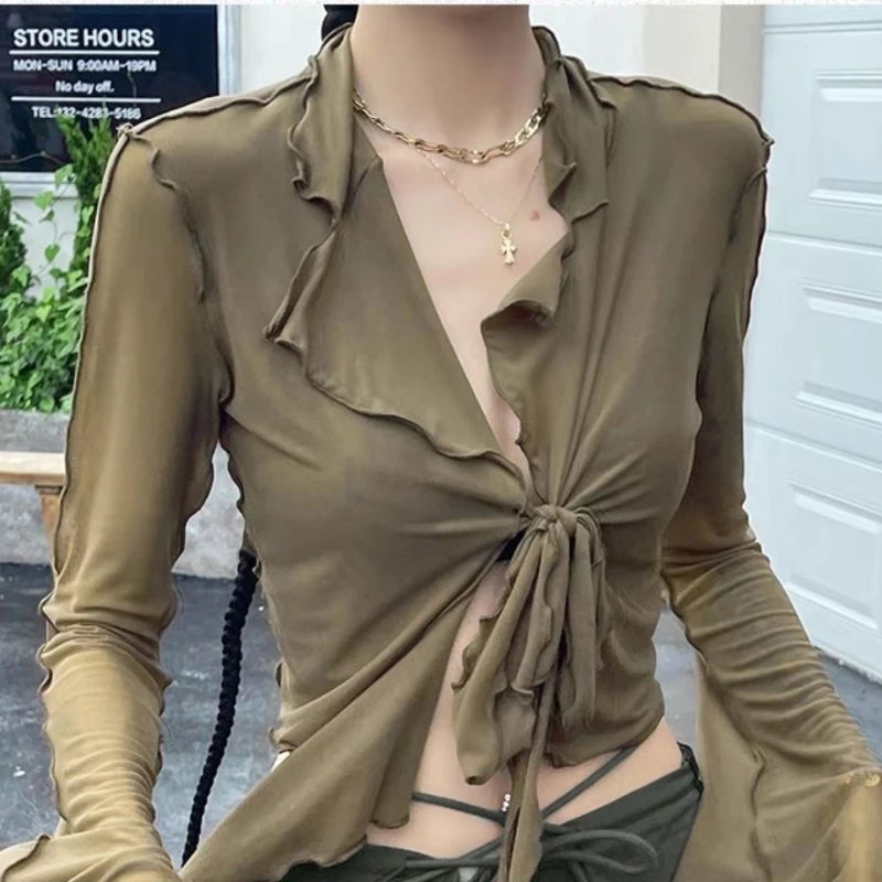 Lange Fackelhülle Blusen für Frauen Schnürmisch sexy süße heiße Mädchen koreanischer Modestil Alleinstimmig Solid Design Elegant Casual Casos