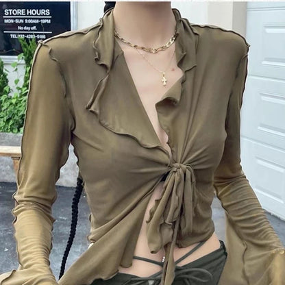 Lange Fackelhülle Blusen für Frauen Schnürmisch sexy süße heiße Mädchen koreanischer Modestil Alleinstimmig Solid Design Elegant Casual Casos