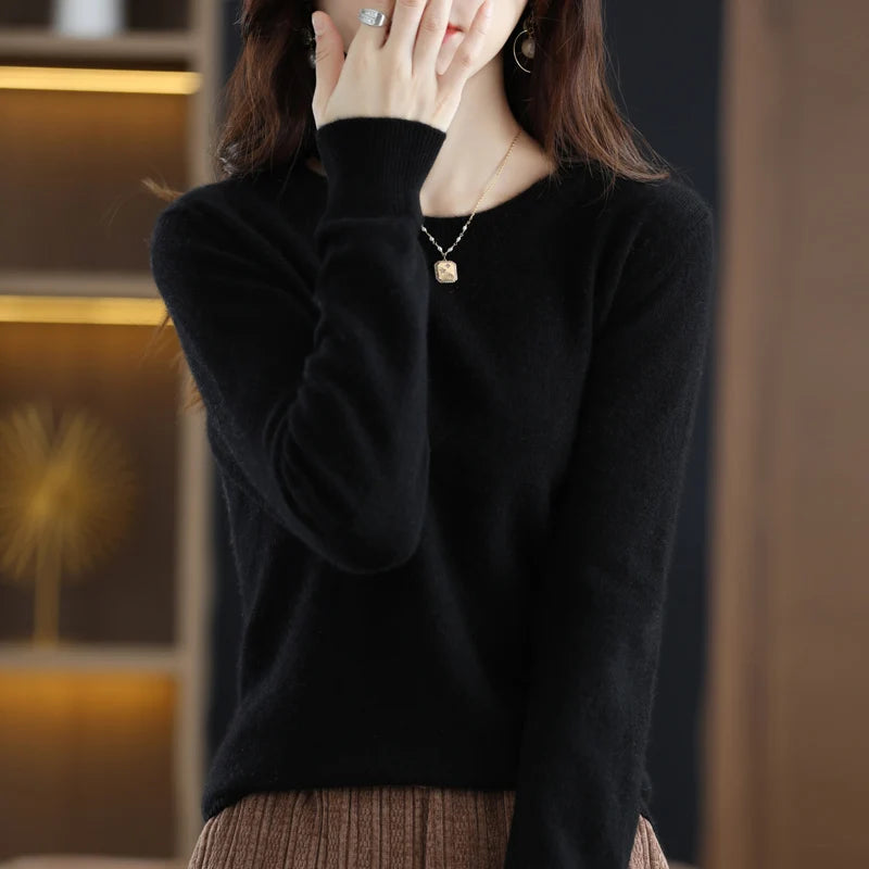 100% pure wool cashmere sweater women's O-neck pullover casual knitted coat autumn and winter women's coat basic 18 colors
