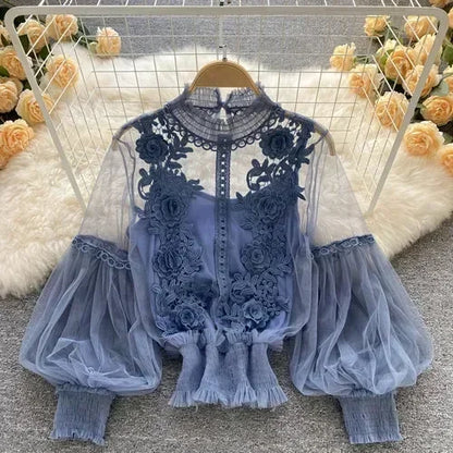 Čipka puff dugi rukavi bluza vintage modne bluze elegantne femme blusas korejske žene vrhovi žene majice odjeća Dropshipping