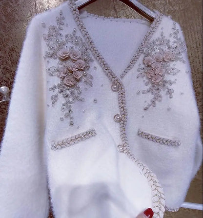 Diamantes com contas de flores de luxo Cardigã de malhas de peles Faux para mulheres com-deco