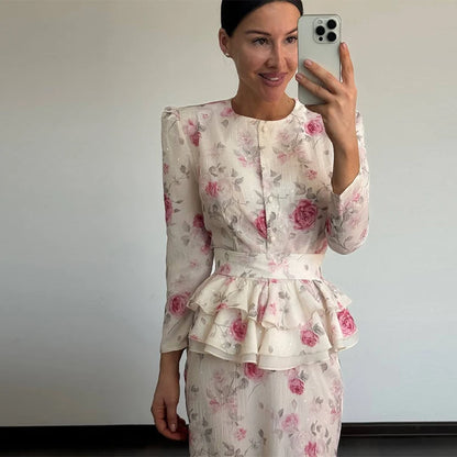 Elegant Print Tops Skirts Sets Women Full Flare Sleeve V-neck Shirts Hip Package Skirt Set Female 2025 Summer Fall Lady Suits
