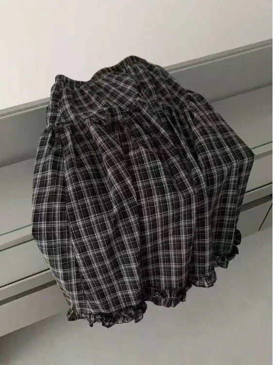 Retro Bla Plaid High Waist A-Line Midi Skirt Women's Summer New Sle Full Skirt Hem Lace Trim Umbrella Skirt