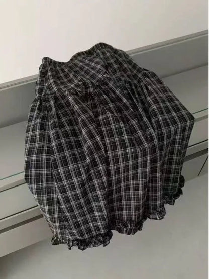 Retro Bla Plaid High Waist A-Line Midi Skirt Women's Summer New Sle Full Skirt Hem Lace Trim Umbrella Skirt