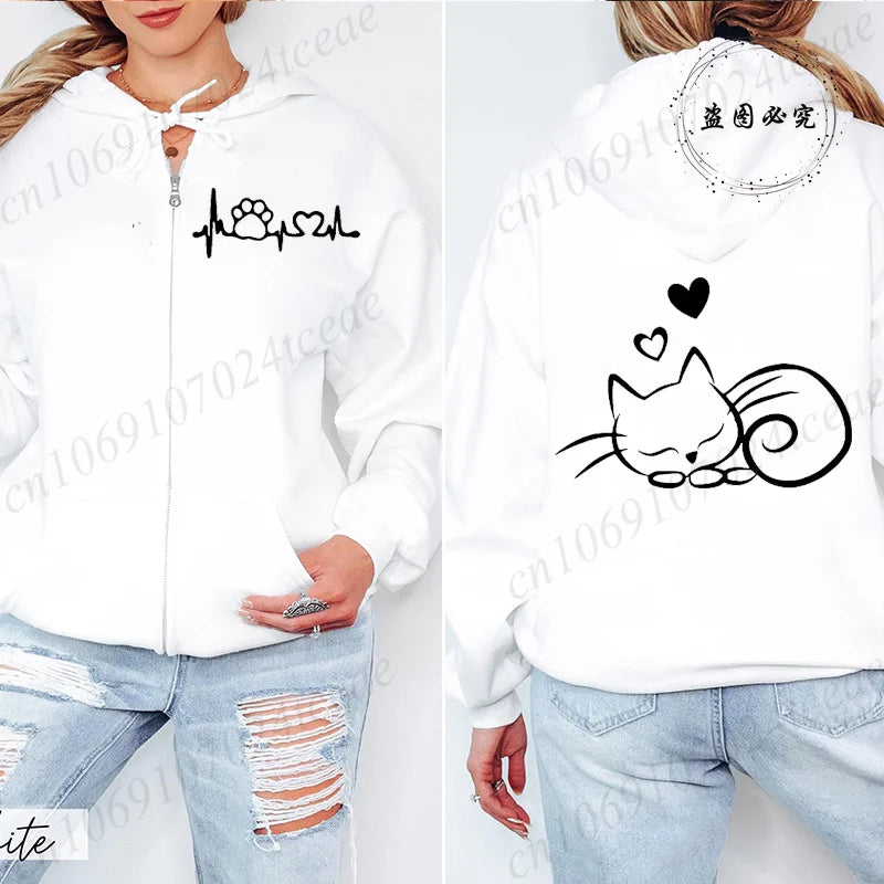 Women Zipper Hoodie Clothes Autumn Winter New Cute Cat Heatbeat Sweatshirt Hip Hop Streetwear Women Zip Up Jacket Coat Clothing