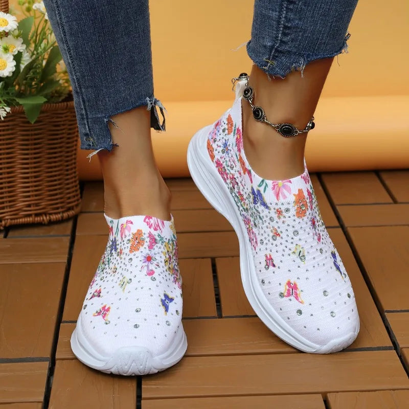 Nýir kvenkyns strigaskór andar hlaupaskór fyrir konur prenta Rhinestone frjálslegur íþróttaskór úti gangandi skór tenis de mujer