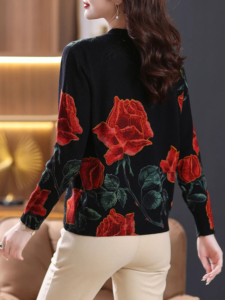 YISU Fashion Women Sweater O-Neck Knitted pullove long sleeves Female Casual Loose soft Rose printing Women clothing