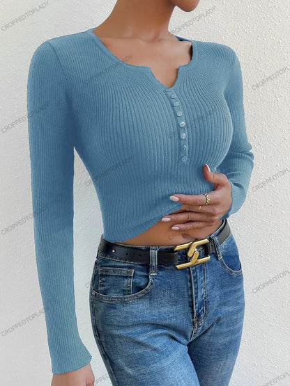 Nuove donne Falf abbottonate a costine Maglietta a maniche lunghe a manica lunghe V Magione a v Rilievo femme slim y2k cupolo pullover maglia