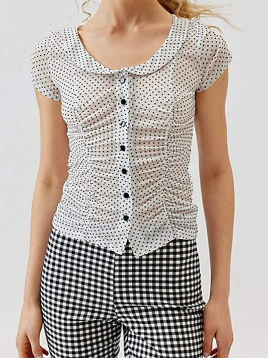 Women Short Sleeve Shirts Dot Print Doll Collar Button Down Blouses Summer Casual Tops Streetwear
