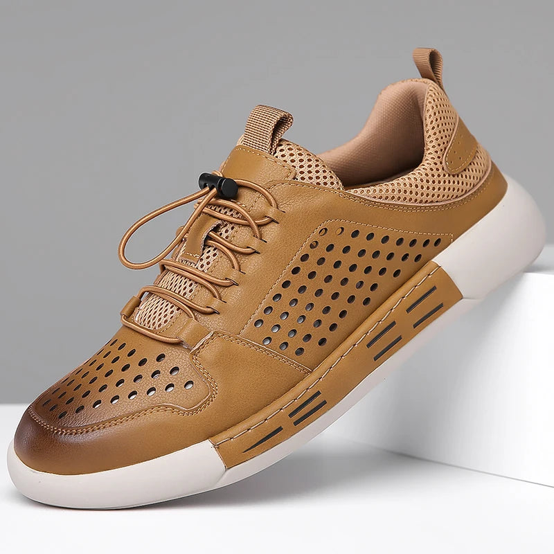 Summer Men's Hollow Breathable Leather Boots Outdoor Flat Bottomed Comfortable Sports Shoes Fashionable and Casual Oxford Shoes