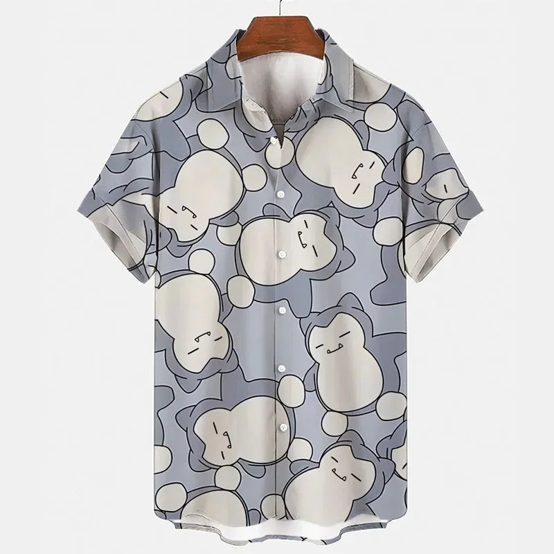 Pokemon Pikachu Gengar Snorlax Shirts floraux Men Femmes Short Short Sleeves Bouton Couple de pyjamas Set Trendy Beach Coat Anime