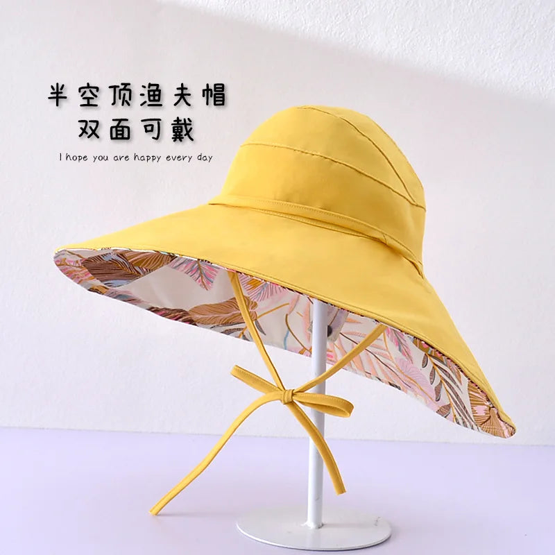 Women Cotton Wide Brim Sun Hats Metal Wired Edge Summer UV Protection UPF Boho Hat for Beach Hiking Garden Travel Chin Strap