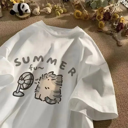 Fan Cat and Women Pure T-shirt för män American Street Creative Blow Summer avslappnad kort ärmpar bär ins topp