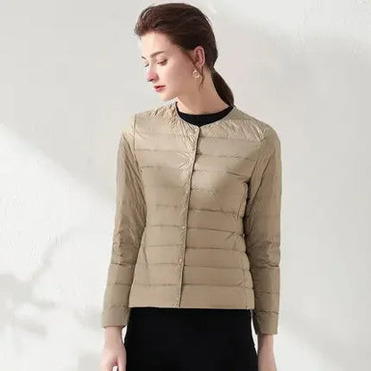 2024 Fall Spring Autume Collarless Light Quilted Puffer Coat New Women Liner Duck Down Jacket O-neck Variable V-neck Female