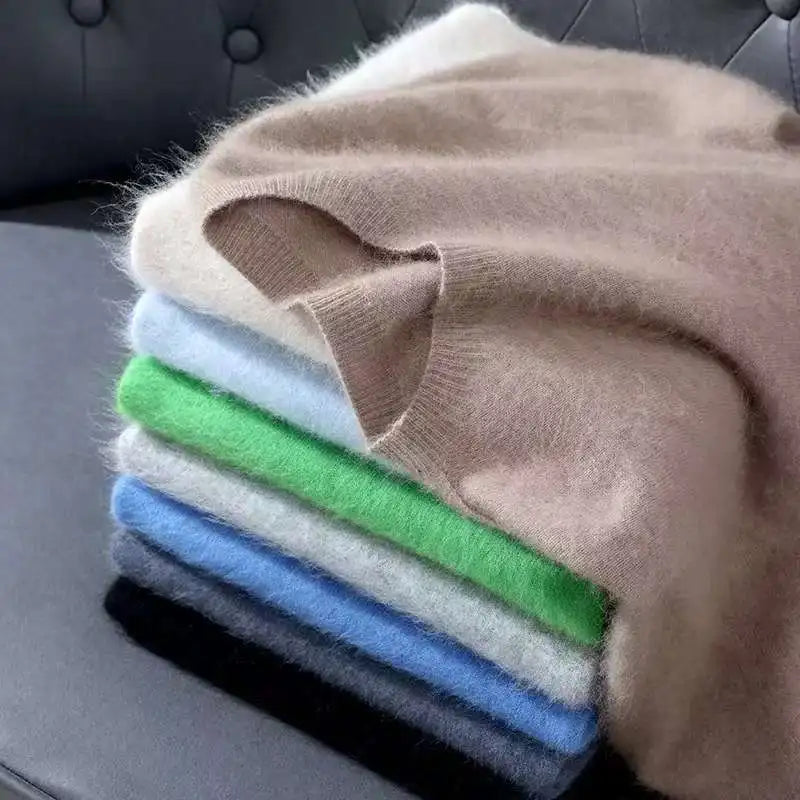 100% Mink Cashmere Knit Sweater Men's T-Shirt Spring Summer Loose O-Neck Solid Color Casual Business Base Pullover Short Sleeve