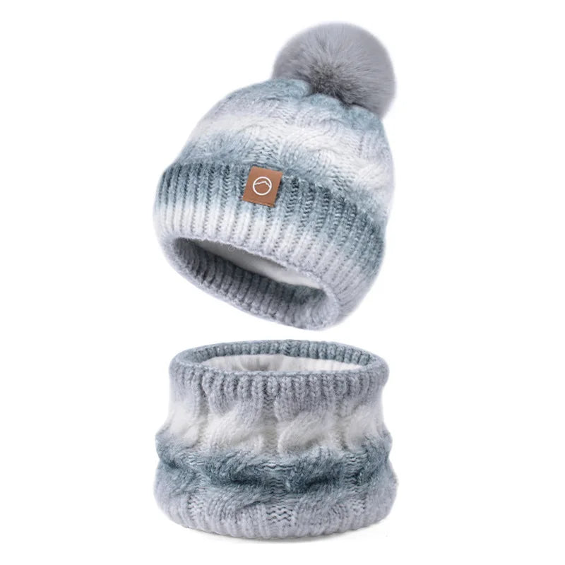2pc/Set Winter Warm Ear Protecting Knitted Cap Scarf Fleece Thickened Gradient Color Knitted Woolen Cap Pom Ball Pullover Cap