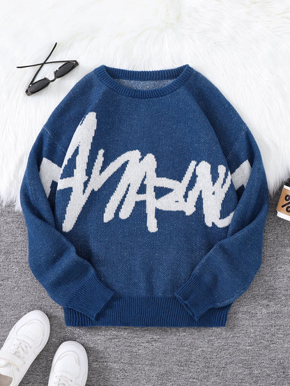 New Popular Spring Autumn Graffiti Jacquard Pattern Pullover Sweater Casual Round Neck Contrast Color Knitted Men's Pullover