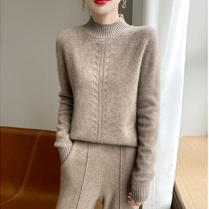 2025 Hemp Pattern Half Turtleneck Women's Woolen Sweater Autumn and Winter Warm 100% Wool Sweater Pure Color Comfort Pullover
