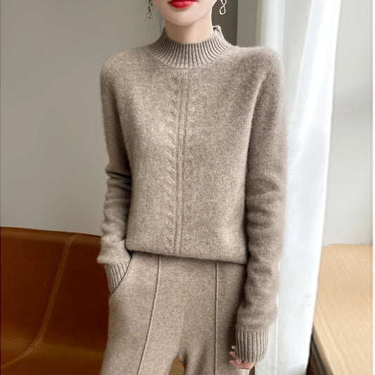 2025 Hemp Pattern Half Turtleneck Women's Woolen Sweater Autumn and Winter Warm 100% Wool Sweater Pure Color Comfort Pullover
