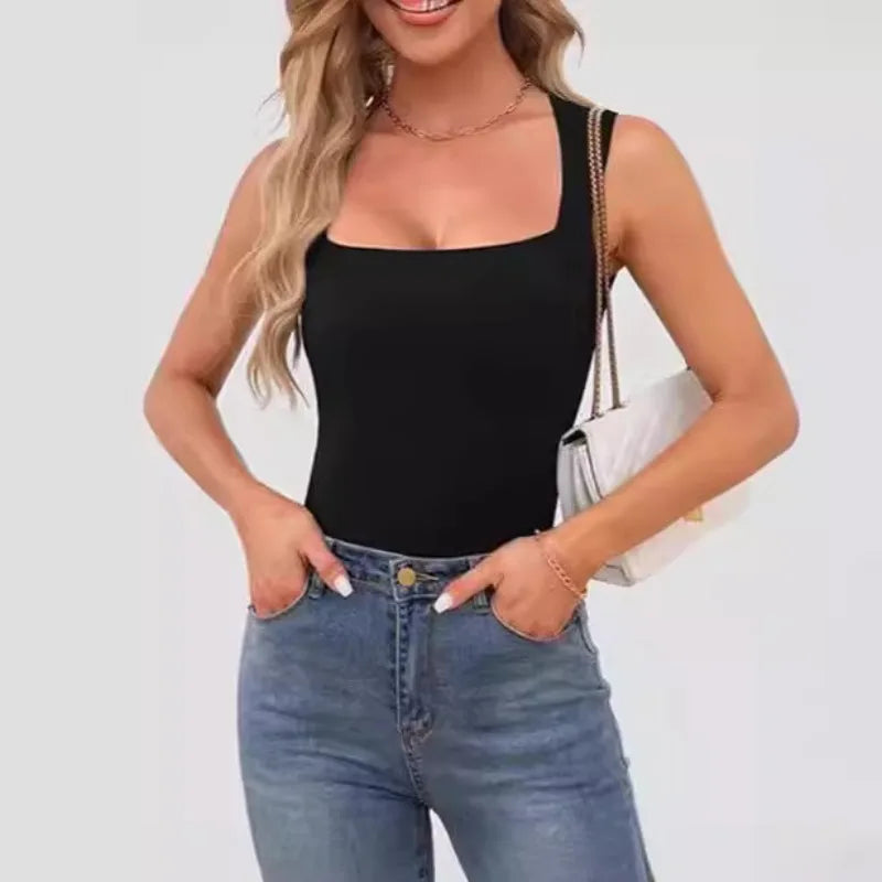 Kynþokkafull slimming t-shirts fyrir konur tísku ferningur háls ermalaus toppar harajuku skriðdreka kona föt frjálslegur toppur teigur götufatnaður