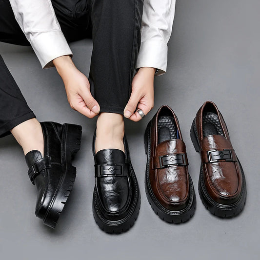 Men's Leather Casual Shoes Thick Soled Loafers Spring Autumn New Style Simple Black Men's Business Work Shoes Big Size：38-48