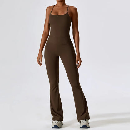 Women Tracksuit Gym Yoga Suit 2PCS Tight Fitting Sports Set Workout Breathable T Shirts Bra Tank Top Loose Bell-bottoms Leggings