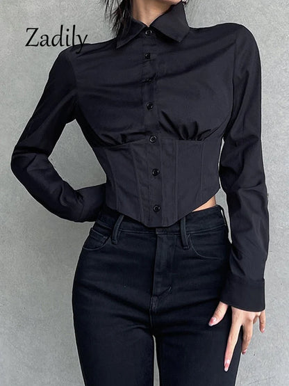 2025 proljetna seksi žena s dugim rukavima bijela košulja bluza korejski stil gumb gore vitki struk y2k crop vrhovi ženska cardigan odjeća