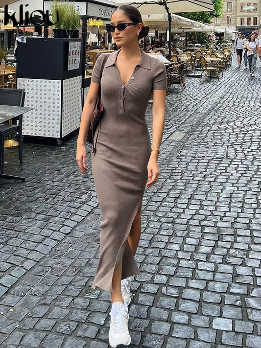 Kliou Elegant Office Lady Maxi Kleid Frauen Solid Mode Turndown Kragen Kurzarm Button Side Sait Body-förmige Straße Robe