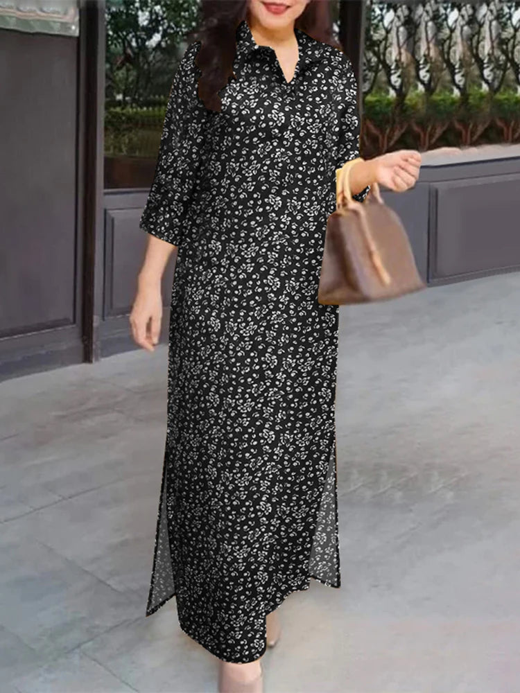 Zanzea Kvinder 3/4 ærme Lange kjoler Fall 2024 Fashion Lapel Neck Cotton Shirtdress Vintage Floral Print Maxi Shirt Dress Ny i