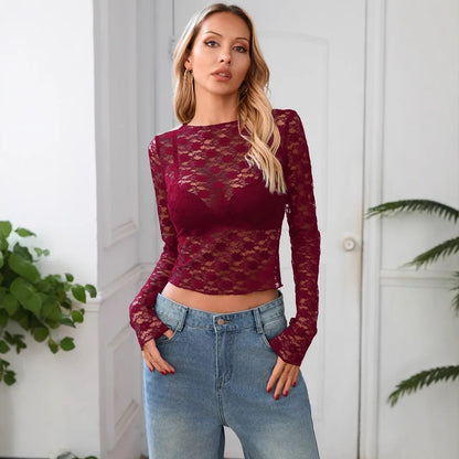 Sexy Lace Hot Girl Crop Tops Fashion Women Spring Summer Long Sleeve Slim Fit Sheer T-Shirts Casual Streetwear Solid Basic Tees