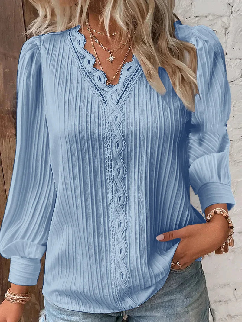 Elegant sommer hul blonder patchwork kvinder shirt chic blouse v nakke langærmet shirt almindelig blonder afslappet grundlæggende regelmæssige toppe