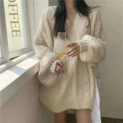 Haust vetrar konur peysa harajuku stór prjónað pullovers kóreska langerma v háls prjóna preppy solid laus stökkvari