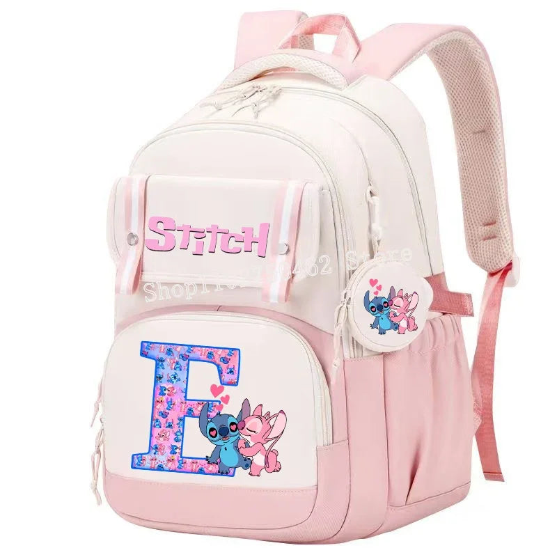 Stitch Angel Backpack Girls Disney Anime Letter A-Z Schoolbags Student School Shoulders Bag Outdoor Sport Travel Rucksack Gift