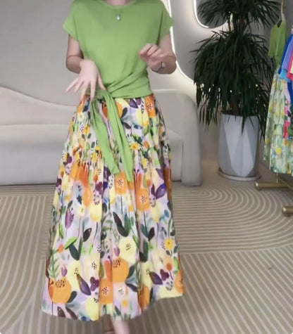 Fashionable Elastic Waist Printed Women Summer Thin A-line Large Umbrella Skirt