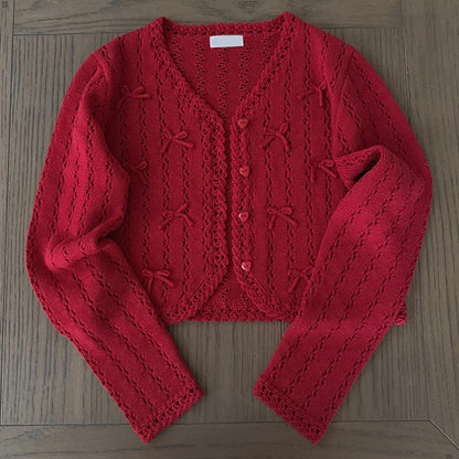 Cardigans de malha doces Mulheres Mão de Crochê Decoração do Coração Hollow Out suéteres para garotas de Kawaii