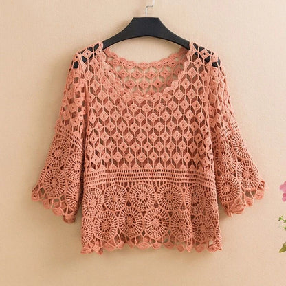 Women 2025 Spring Summer New Hook Flower Hollow Loose Pullovers Female Shawl Knitted Tops Ladies Short Jumper Sweater Tops W38