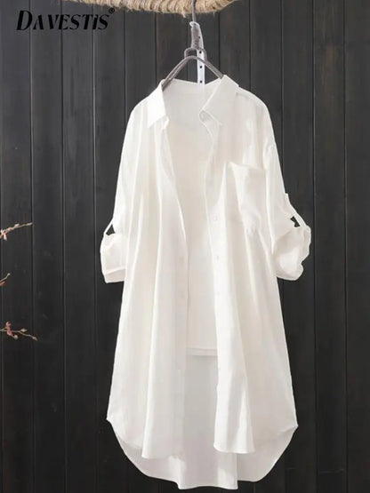 Korean Fashion White Shirt Women 2023 Spring Summer Loose Breathable Midi Shirt and Blouse Lady Simple Solid Color Long Shirts