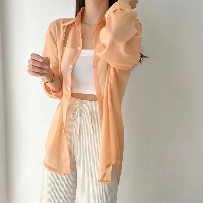 Women Shirt Long Sleeve Top Blouse Female Chiffon Loose Summer Cardigan Thin Sexy Solid Color Casual Shirt Outerwear Прозрачная