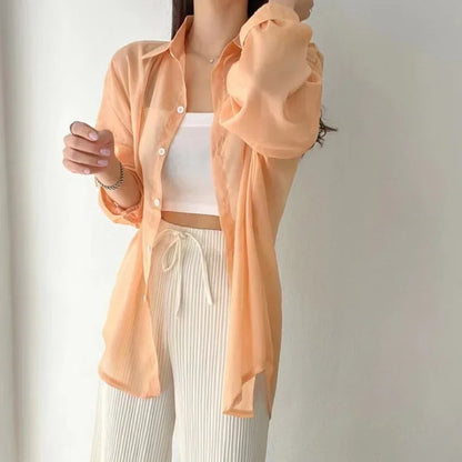 Women Shirt Long Sleeve Top Blouse Female Chiffon Loose Summer Cardigan Thin Sexy Solid Color Casual Shirt Outerwear Прозрачная