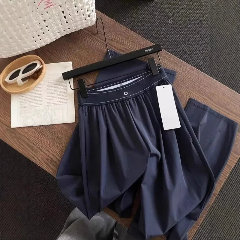 High Waist Elastic American Style Casual Sports Pants 2025 New Solid Color Fashion High Street Summer Straight Trousers