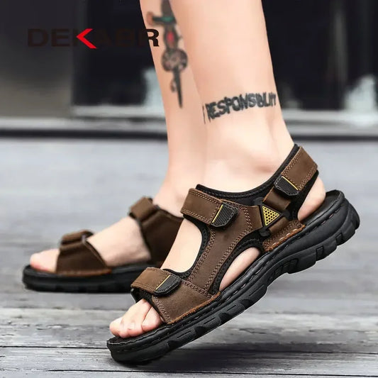 DEKABR Men Genuine Leather Sandals Summer Beach Breathable Fisherman Shoes Slipper Style Soft Bottom Flat Shoes Plus Size 38~48
