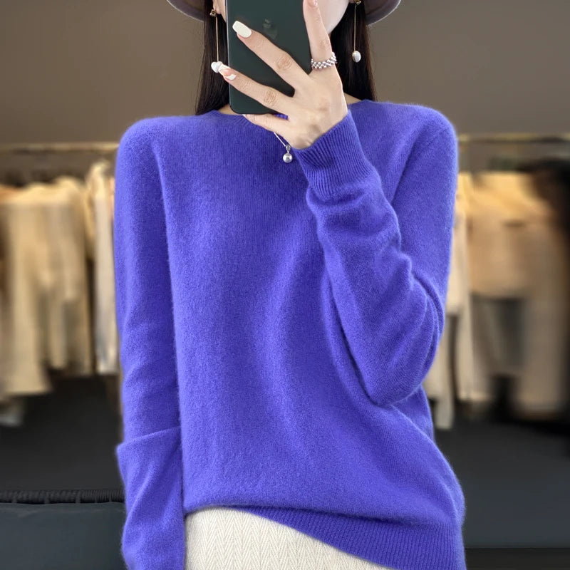Autumn Winter 100% Merino Wool cashmere Sweater O-Neck Long Sleeve Cashmere Women Knitted Pullover Clothing Top