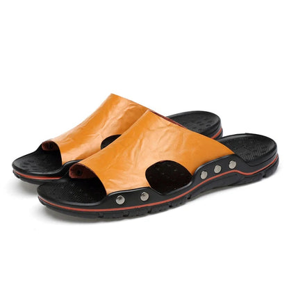 Zomer mannen slippers echt lederen ademende klompen sandalen strand klassiekers lederen glijbanen buiten slippers plus size heren schoen