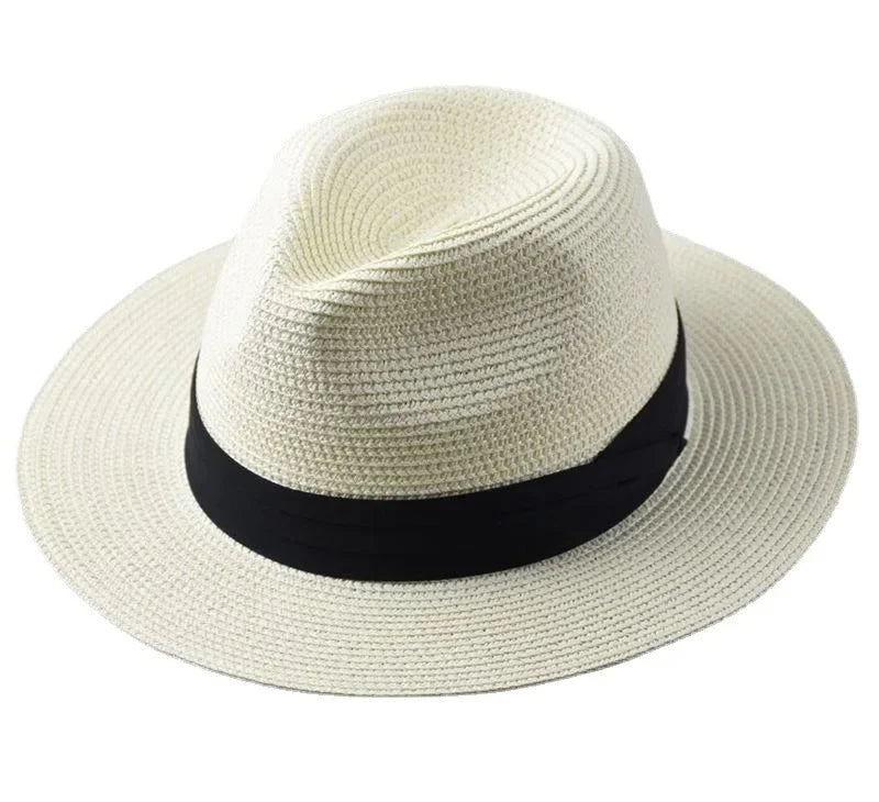 Unisex Panama Straw Hat - leveä reuna -kesärannan aurinkokorkki, säädettävä mitoitus 55-60 cm miehille ja naisille, iso kokoinen fedora